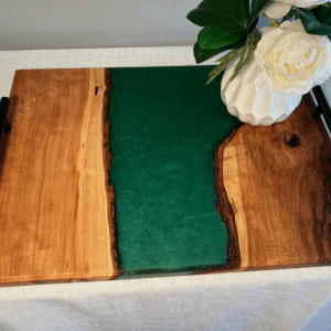 Forest Green Resin and Cherry Wood Serving Tray