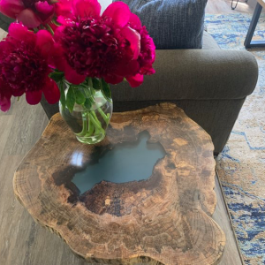 Translucent Blue Resin and Oak Wood Side Table